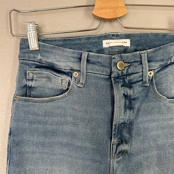 Good American Jeans Women's 0/25 Long Good Flare High Rise Blue Denim Distressed - Picture 4 of 11